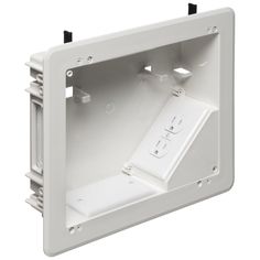 an electrical outlet box with two outlets and one light switch on the inside of it