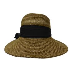 Stylish packable sun protection hat for women. Asymmetrical brim, 4" wide brim on front narrows to 3" in back. Sheer black scarf tie pulled through straw belt loops. Ribbon inner band with elastic drawstring to adjust fit. UPF 50+ UV protection rated hat. Packable, crushable, travel friendly hat. Shapeable brim. One size, 57 cm, medium. 75% Paper 25% polyester blend Adjustable Wide Brim Cloche Hat For Travel, Adjustable Summer Cloche Hat For Travel, Adjustable Woven Cloche Hat For Vacation, Vacation Cloche Hat Adjustable Woven, Adjustable Wide Brim Woven Cloche Hat, Woven Fedora For Travel, Adjustable Woven Straw Cloche Hat, Straw Belt, Packable Sun Hat