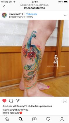 a woman's leg with a colorful tattoo design on it, and an image of a peacock