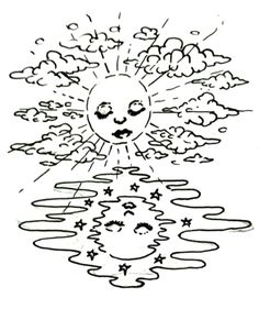 a drawing of the sun with clouds and stars