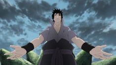 an anime character with his hands out in front of the camera and clouds behind him