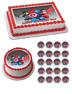 a birthday cake and cupcakes with the image of captain america on it are shown