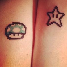 two small tattoos on the legs of people with stars and mushroom tattoo designs on them