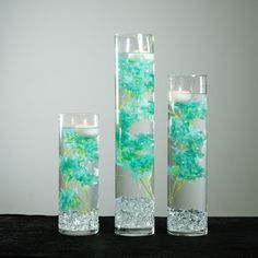 three glass vases with flowers in them sitting on a table next to each other