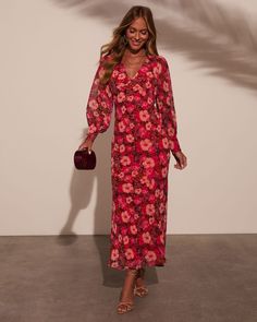 If you want to ensure second glances all night long, the Kathrynn Floral Print Maxi Dress is the perfect selection for your next special event. Crafted from lightweight crepe fabric, this dress flows beautifully with every step, creating a soft, romantic silhouette while the semi-sheer blouson sleeves add a dreamy, feminine. Whether you're attending a wedding, a garden party, or an evening soirée, this maxi dress exudes charm and sophistication. Lightweight crepe fabric Semi-sheer blouson sleeves with banded buttoned cuffs Side seam slit Hidden back zipper closure Lined 100% Polyester Romantic Silhouette, Floral Print Maxi Dress, Floral Print Maxi, Dresses By Length, Satin Slip, Long Sleeve Maxi, Floral Stripe, Crepe Fabric, Dress With Cardigan