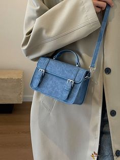 BirdinBag - Chic College-Style Square Crossbody Bag with Flap Buckle Decoration - Mini Blue Top Handle Bag With Hasp Closure, Light Blue Satchel Shoulder Bag For Daily Use, Blue Bag With Hasp Closure For Daily Use, Blue Satchel Box Bag With Mobile Phone Holder, Blue Satchel Box Bag For Mobile Phone, Blue Satchel With Mobile Phone Bag For School, Blue School Satchel With Mobile Phone Bag, Blue Rectangular Baguette Bag With Large Capacity, Light Blue School Bag With Adjustable Strap