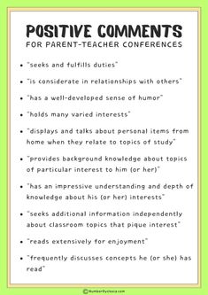 a green and white poster with the words positive comments for parent - teacher conferences