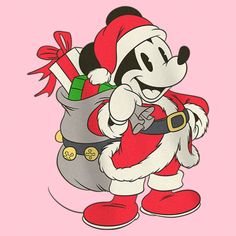 a cartoon mickey mouse with a santa clause hat and holding a bag full of presents