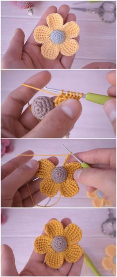 crochet flowers are being worked on by someone using the same thread as they do