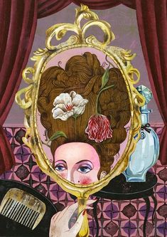 a painting of a woman looking at her hair in the mirror with flowers on it