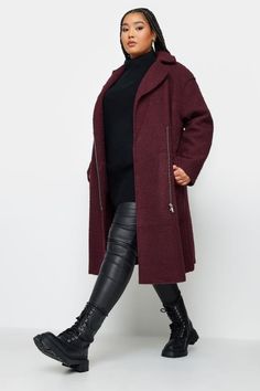 Shop YOURS Curve Burgundy Red Boucle Biker Coat at Yours Clothing. Discover women’s plus size clothing in sizes 14-40 with fast delivery. Red Outfit Plus Size, Plus Size Winter Coats, Long Coat Outfit, Winter Coats For Women, Biker Coat, Fall Plus Size, Long Puffer Coat, Winter Fashion Outfits Casual, Revere Collar