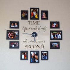 a clock that has pictures on it with the words time spent with family as work every second