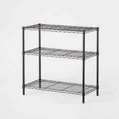 three tiered shelving unit with wire shelves on each side and one shelf below