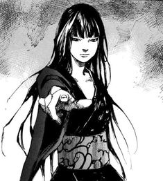 a drawing of a woman with long hair wearing a black and white outfit, standing in the