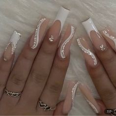 24pcs White French Tip Fake Nails, Glitter Swirl Press On Nails With Bling Rhinestone Design, Glossy Full Cover Long Ballet False Nails With Glue Sticker And Nails File For All Ballet Nails, Graduation Nails, White French Tip, White Acrylic Nails, Gold Nail, French Acrylic Nails, Long Acrylic, Acrylic Nails Coffin Short, White French