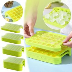 four pieces of ice cube trays with one being scooped out and the other is holding