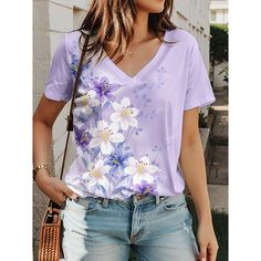 Season:Summer; Fabric:Polyester; Sleeve Length:Short Sleeve; Look After Me:Wet and Dry Cleaning,Washable,Machine wash; Gender:Women's; Style:Fashion; Elasticity:Micro-elastic; Tops Type:T shirt Tee; Occasion:Casual,Daily; Top Length:Regular; Fit Type:Regular Fit; Pattern:Floral; Design:Print; Neckline:V Neck; Listing Date:03/13/2024; Bust:; Length:; Sleeve:; Fit US Size:; Fit UK Size:; Fit EU Size:; Print Type:3D Print Purple Shorts, Pattern Floral, Casual Top, Summer 2024, Tshirts Online, Daily Fashion, 3d Print, Shirt Online, Women's Style