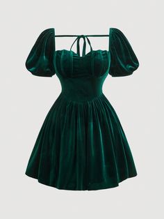 Plus Size Vintage Sweet Floral Puff Sleeve Dress, Winter Green Elegant  Short Sleeve Velvet Plain A Line,Fit and Flare High Stretch All Women Plus Clothing, size features are:Bust: ,Length: ,Sleeve Length: Velvet Coquette Dress, Floral Puff Sleeve Dress, Coquette Dress, Emerald Velvet, Sleeved Velvet Dress, Vintage Red Dress, Plus Size Tights, Sukienki Plus Size, Velvet Party Dress