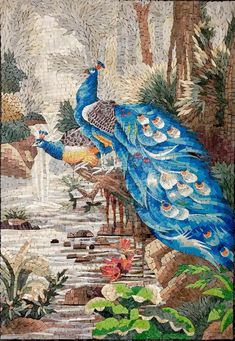 a painting of two peacocks on a bridge