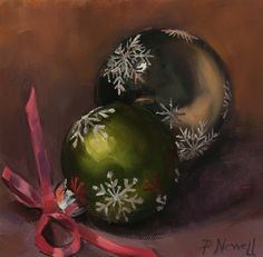 an oil painting of two green ornaments with red ribbon and snowflakes on them