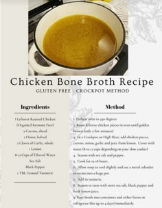 the brochure is shown with ingredients for chicken bone broth recipe in it