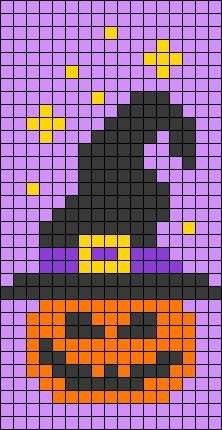 a cross stitch pattern with a witch's hat and pumpkins on purple background