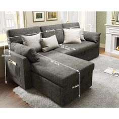 the sectional sofa is labeled with measurements to fit it's seat and back cushions