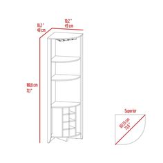 the corner shelf is shown with measurements for it