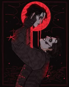 two people are standing in front of a red moon and the background is black with stars