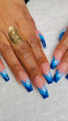 Mood Changing Nail Polish Design, Fancy Blue Nail Designs, Colorful Nail Art Designs, Blue Tip Acrylic Nails, Blue French Nail Designs, French Tip Color Nails, Gorgeous Nails Designs, Caribbean Nails Designs, Fancy Acrylic Nails