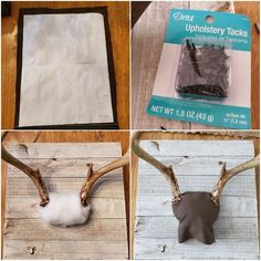 four different pictures of deer heads and antlers with paper bags in front of them