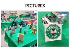 there are pictures of tables and chairs with starbucks signs on the top one is green