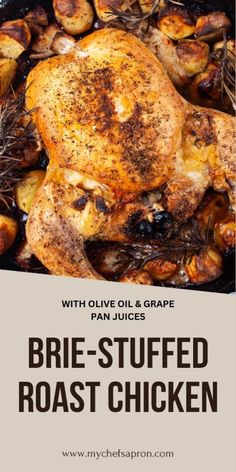 A deliciously and beautifully browned cast-iron roast brie-stuffed chicken with garlicky, oily grape pan juices and stuffed with creamy Brie cheese—perfect for family dinners and festive enough for the Holidays. Make it with or without potatoes. Visit the blog for the full recipe. Enjoy! Stuffed Roast Chicken, Brie Stuffed Chicken, Cast Iron Roasted Chicken, Stuffed Roast, Whole Roasted Chicken, Festive Dinner, Brie Cheese