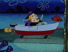 a cartoon character in a boat on the water