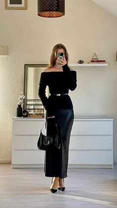 Silk skirt | fall outfit inspo Black Satin Skirt Winter Outfit, Long Skirt Business Outfit, Classy Xmas Outfits, Birthday Outfit In Winter For Women, Long Black Skirt Outfit Dressy, Sweater And Silk Skirt Outfit, Long Cardigan And Skirt Outfit, Black Satin Top Outfit Classy, Silk Skirt Outfit Classy Wedding