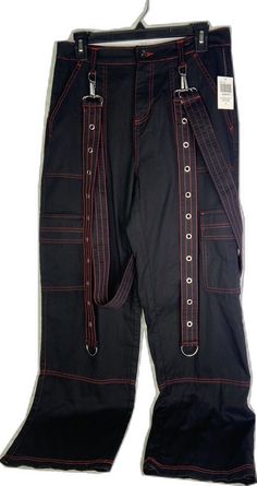 High Waist Black Bottoms With Suspenders, Black Bottoms With Suspenders For Spring, High Waist Cotton Bottoms With Suspenders, Black Bottoms With Suspenders For Summer, Summer Black Bottoms With Suspenders, Edgy Black Bottoms With Contrast Stitching, Edgy Red Bottoms With Pockets, Trendy Cotton Bottoms With Suspenders, Edgy Red Cotton Bottoms