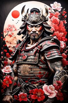 a painting of a samurai with flowers in front of him