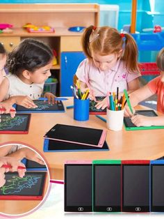 three children are sitting at a table with colored pencils and electronic devices in front of them