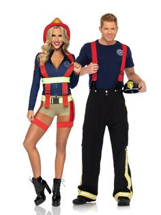 a man and woman dressed as fire fighters standing next to each other with their hands on their hipss