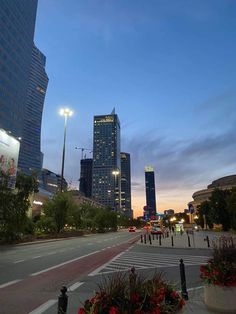 an empty city street at dusk with tall buildings in the background and flowers on the sidewalk