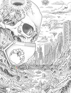 a black and white drawing of a skull in the middle of a city with skyscrapers