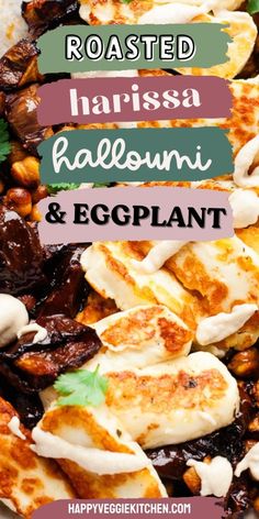 roasted halussa, eggplant and mushrooms with text overlay