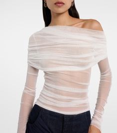 sheer silk off shoulder drape top 🤍 
@mytheresa_com Draped Top Outfit, Summer Silk Draped Top, Elegant Draped Silk Top, Chic White Draped Top, Luxury Pre-draped Silk Draped Skirt, Christopher Esber Top, Luxury Draped One-shoulder Fitted Top, Off The Shoulder Top Outfit, Spring Sunglasses