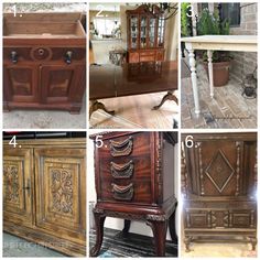 several different types of furniture are shown in this collage, including an old dresser and sideboard