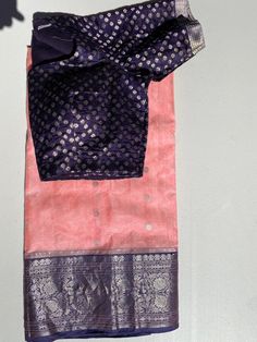 Peach and navy blue handloom chanderi saree with custom blouse. blouse size 38-42 fall, pico done. Comes with petticoat Peach Colour Combinations, Blue Color Combinations, Organza Saree, Party Wear Sarees, Petticoat, Color Combinations, Party Wear, Blue Color, Saree