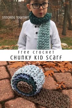 a little boy wearing a crochet hat and scarf with the words free crochet chunk kid scarf on it