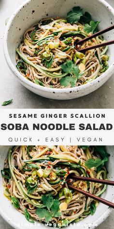 sesame ginger scallion sobba noodle salad in a white bowl with chopsticks