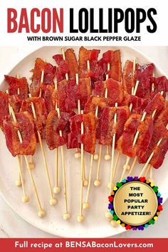 bacon lollipops with brown sugar black pepper glaze on a white plate