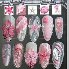 10 Pcs Handmade Press On Nails 2024 Luxury Pink Flower 3D Limited Medium Almond False Nails Design Ocean Nails, Festive Nail Art, Flower 3d, Fall Nail Trends, Fall Nail Art Designs, Nail Art Designs Diy