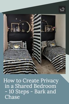 two twin beds with black and white bedding in a bedroom decorated for the holidays